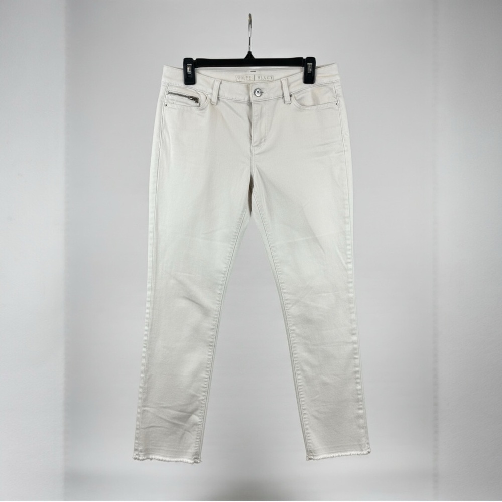 White House Black Market White Skinny Jeans | Raw Hem Zip Pocket Denim (Size 6)